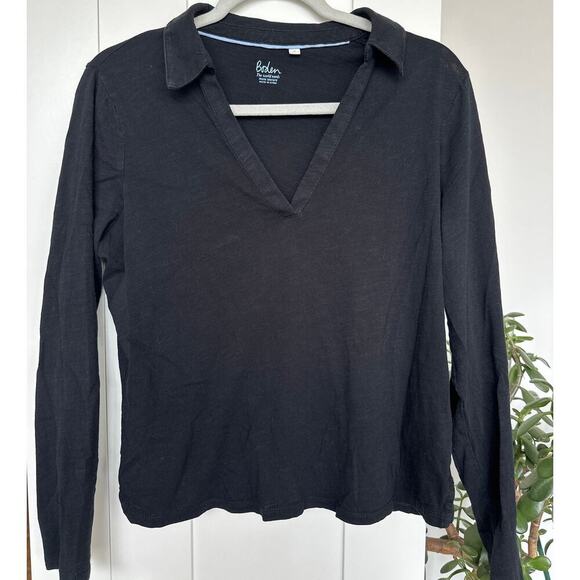 Boden Women's Black Long Sleeve Cotton V-neck Notched Collared Shirt, Size M EUC - Picture 1 of 7